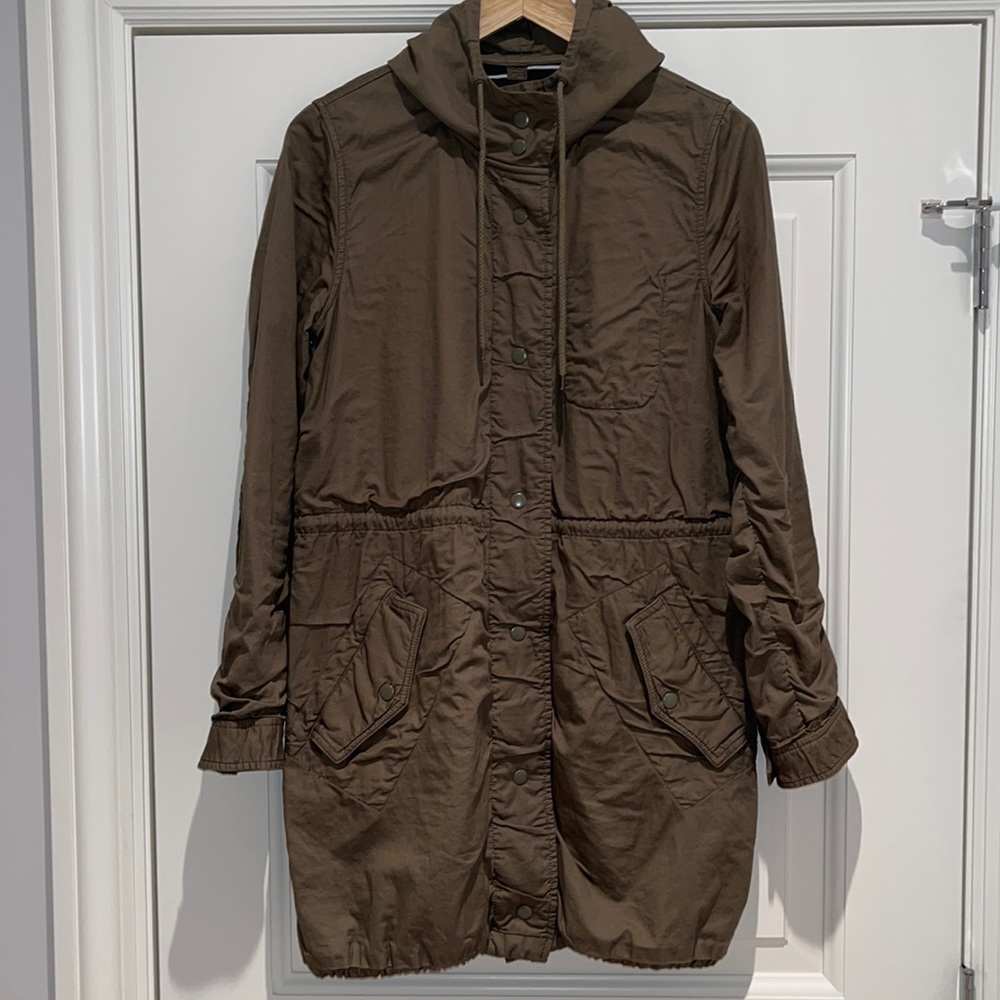 J. Crew army green, hooded jacket.